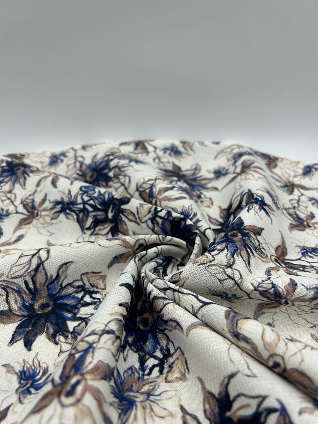 Printed Cotton Linen Fabric in Navy Cornflower - 57" wide, sold by the yard
