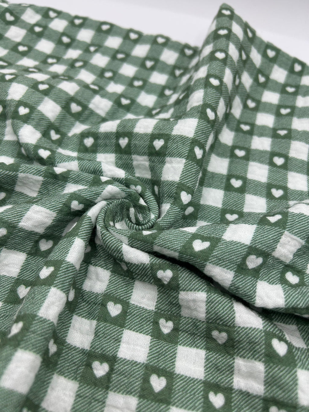 Printed Double Gauze Muslin in Sage Heart Gingham - 57" wide, sold by the yard