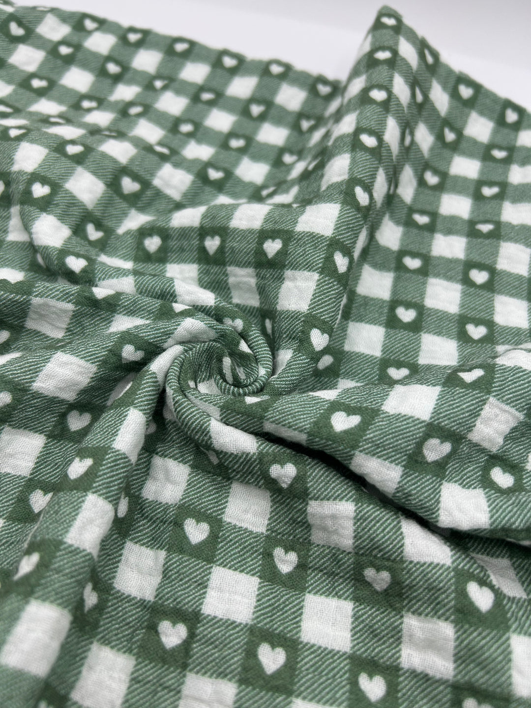 Printed Double Gauze Muslin in Sage Heart Gingham - 57" wide, sold by the yard