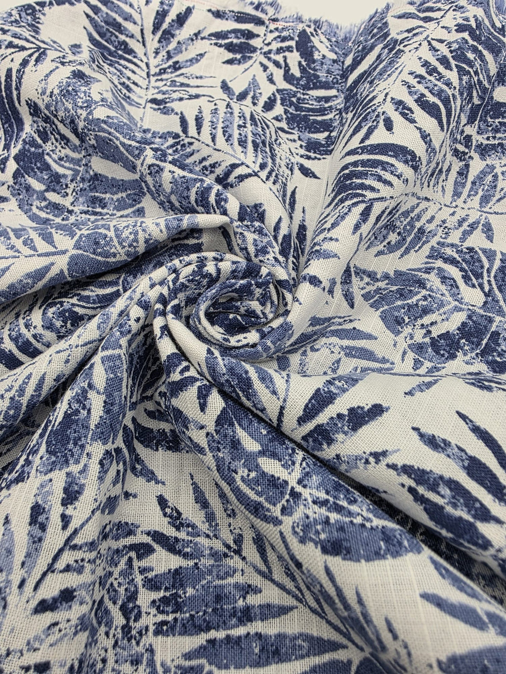 Printed Cotton Linen Fabric in Navy Palm Frond - 57" wide, sold by the yard
