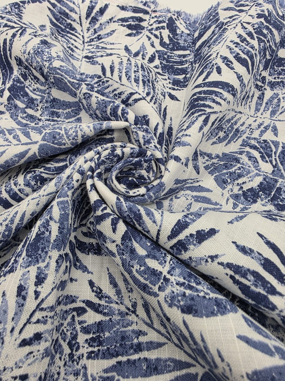 Printed Cotton Linen Fabric in Navy Palm Frond - 57" wide, sold by the yard