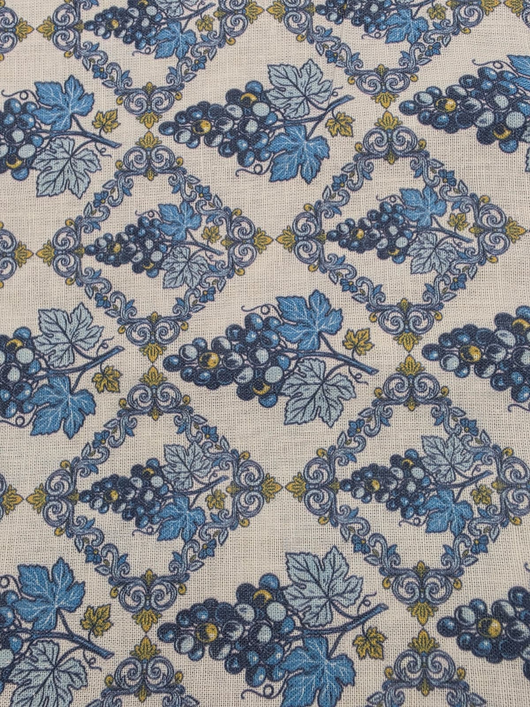 Printed Cotton Linen Fabric in Blue Ethnic Tile - 57" wide, sold by the yard