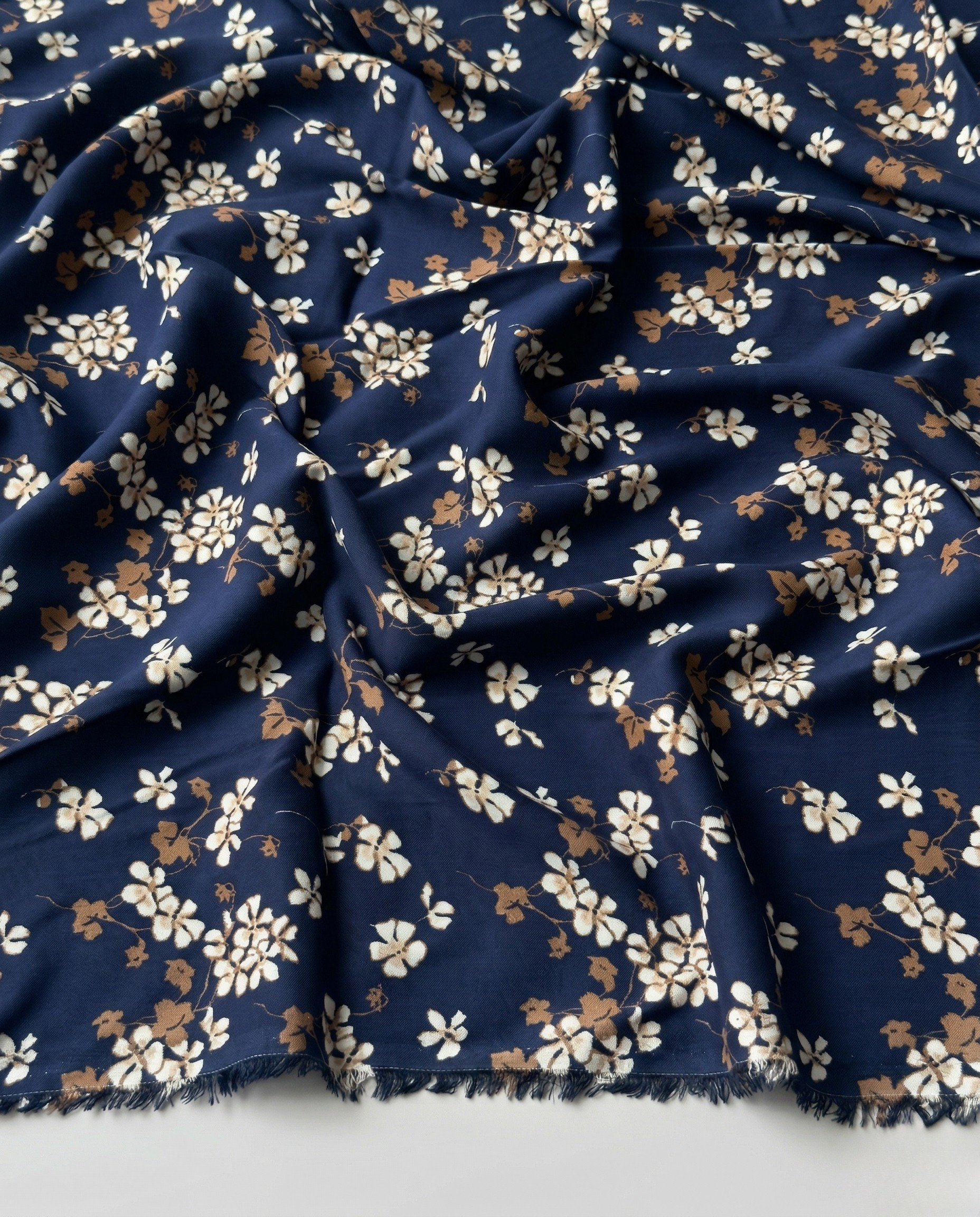 100% Cotton Content – Camel and White Floral Patterned Viscose Fabric on a Navy Blue Background – Double Width 59 Inches
