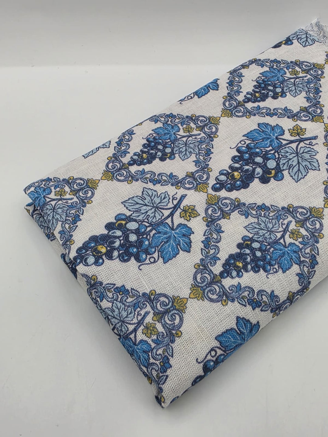 Printed Cotton Linen Fabric in Blue Ethnic Tile - 57" wide, sold by the yard