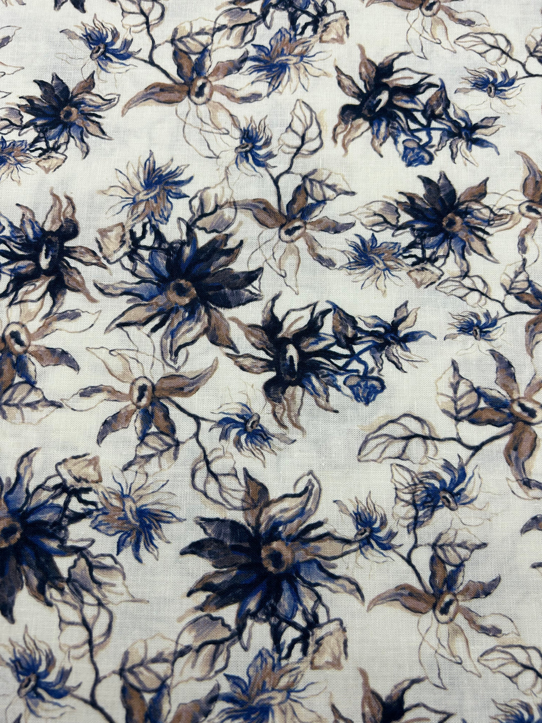 Printed Cotton Linen Fabric in Navy Cornflower - 57" wide, sold by the yard