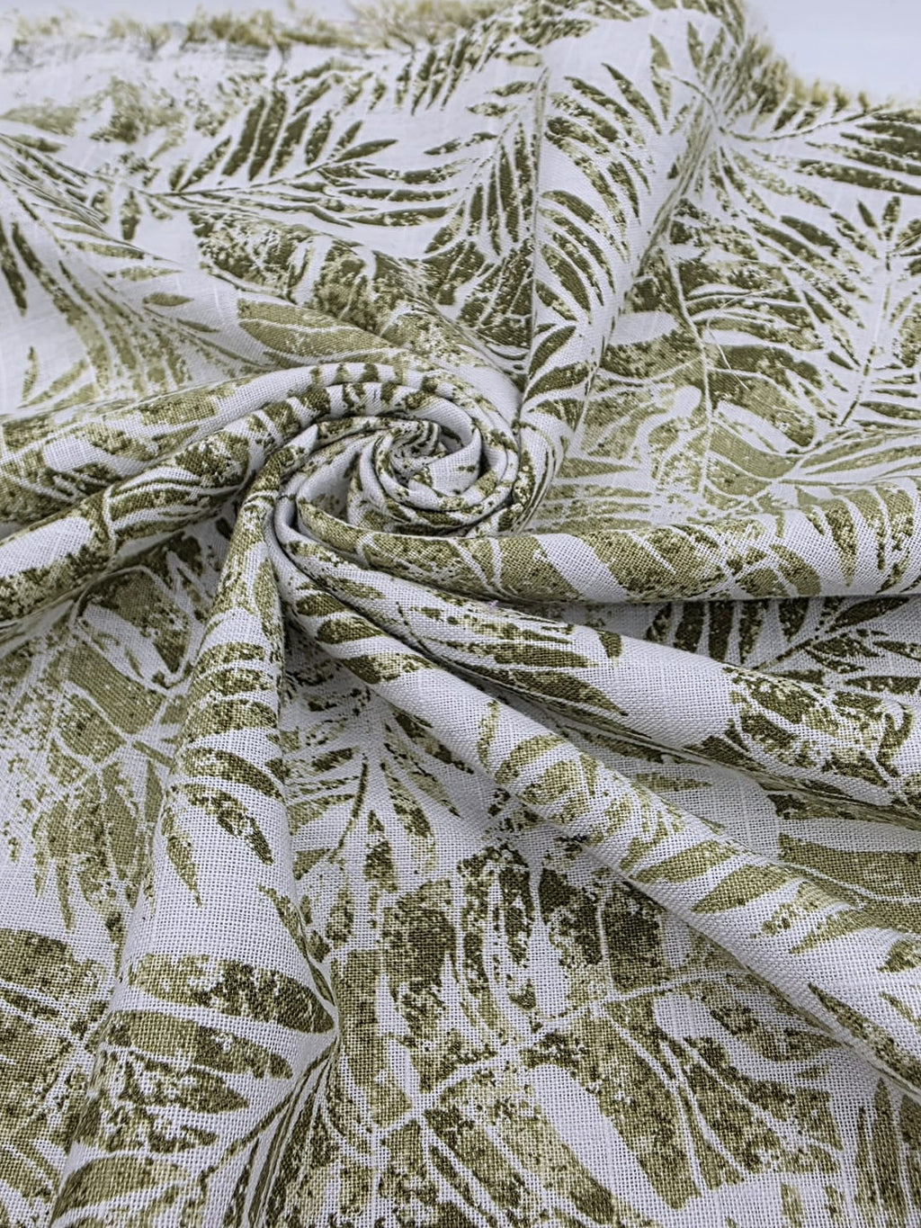 Printed Cotton Linen Fabric in Olive Fern - 57" wide, sold by the yard