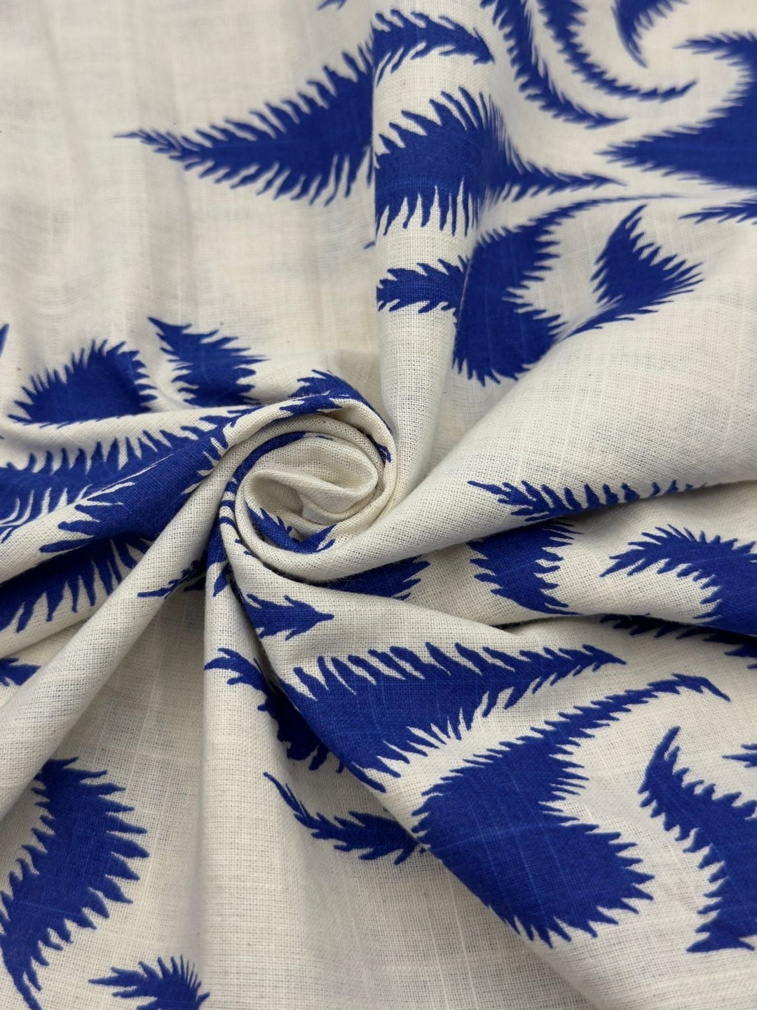 Printed Cotton Linen Fabric in Cobalt Fern - 57" wide, sold by the yard