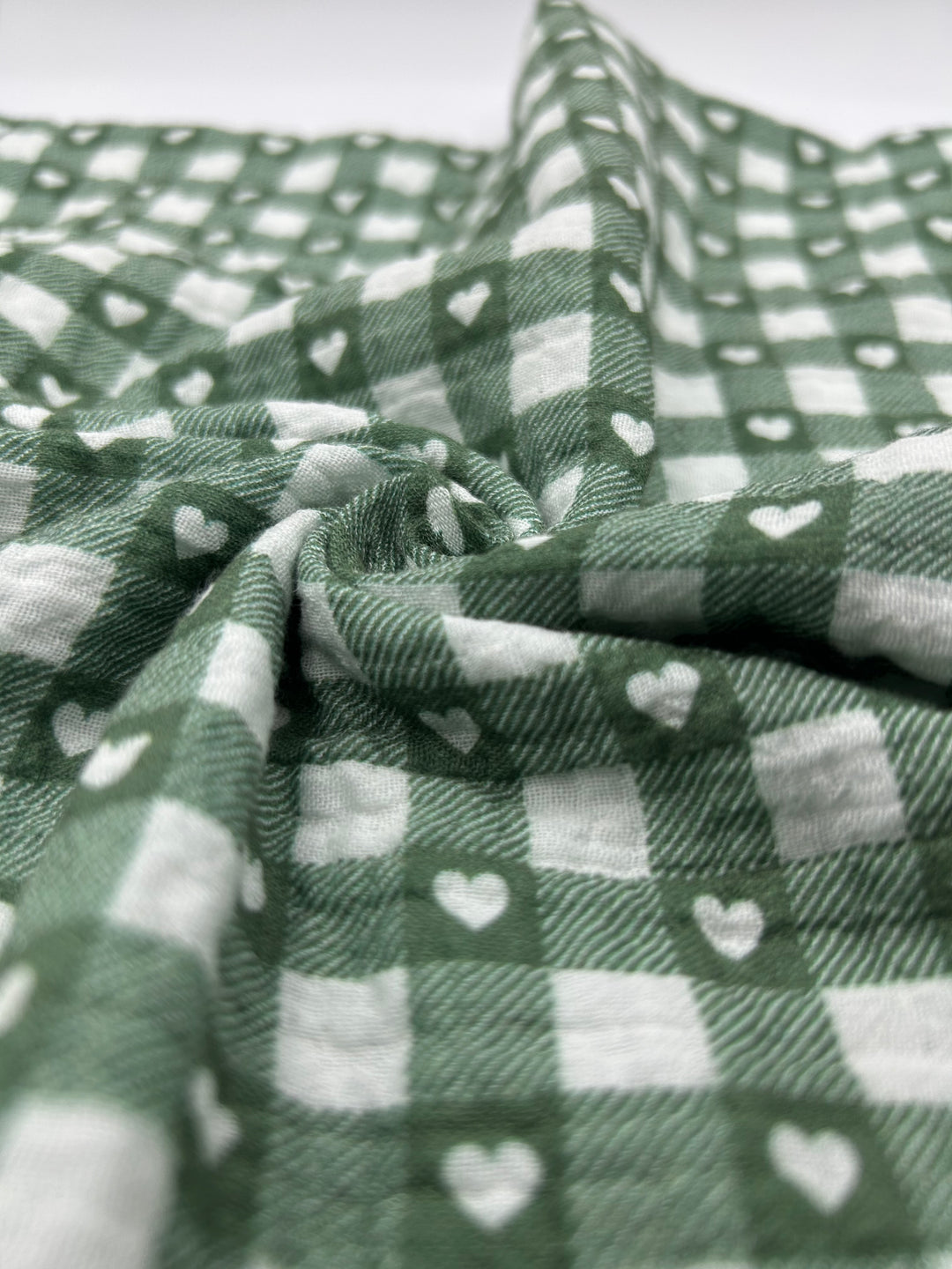 Printed Double Gauze Muslin in Sage Heart Gingham - 57" wide, sold by the yard