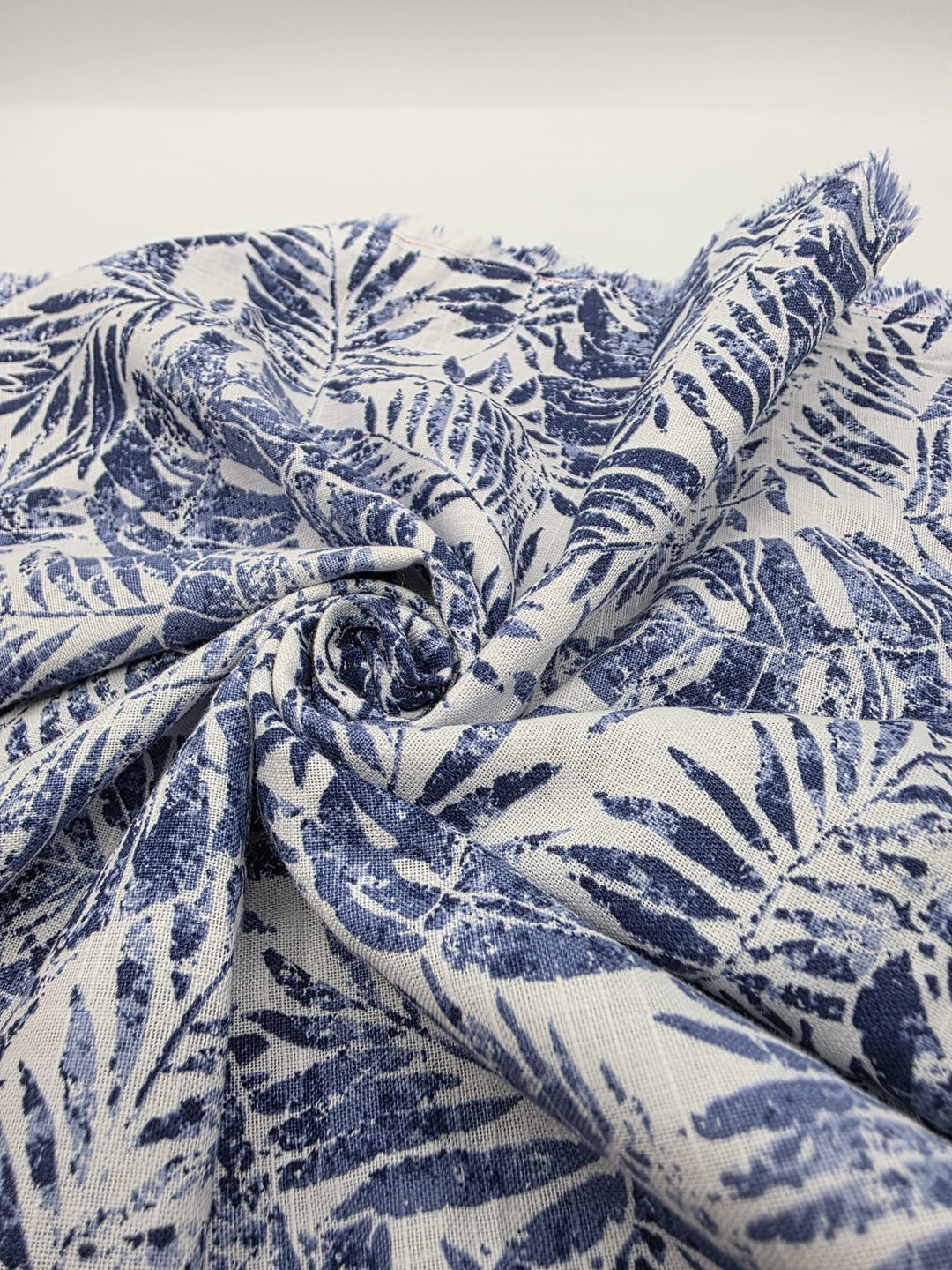 Printed Cotton Linen Fabric in Navy Palm Frond - 57" wide, sold by the yard