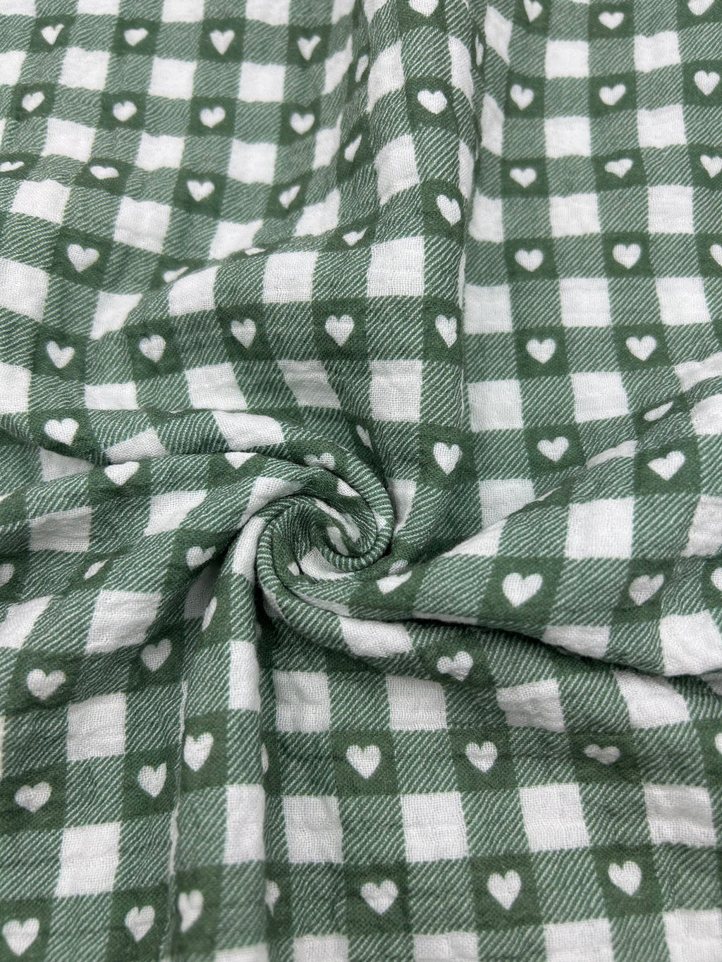 Printed Double Gauze Muslin in Sage Heart Gingham - 57" wide, sold by the yard