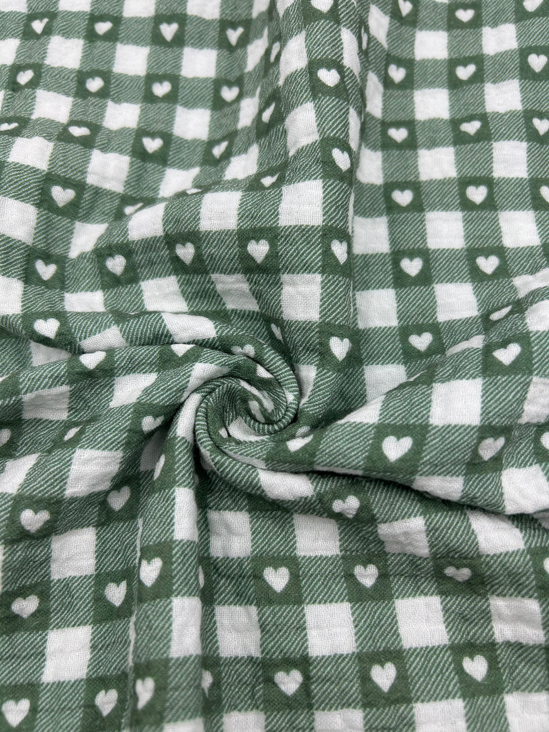 Printed Double Gauze Muslin in Sage Heart Gingham - 57" wide, sold by the yard