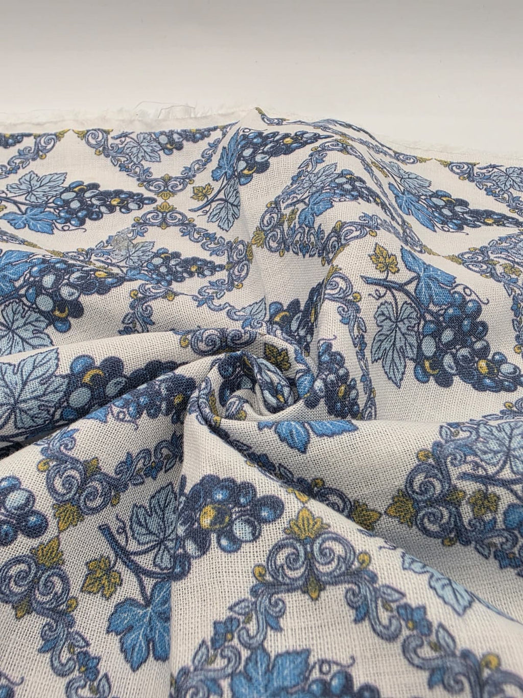 Printed Cotton Linen Fabric in Blue Ethnic Tile - 57" wide, sold by the yard