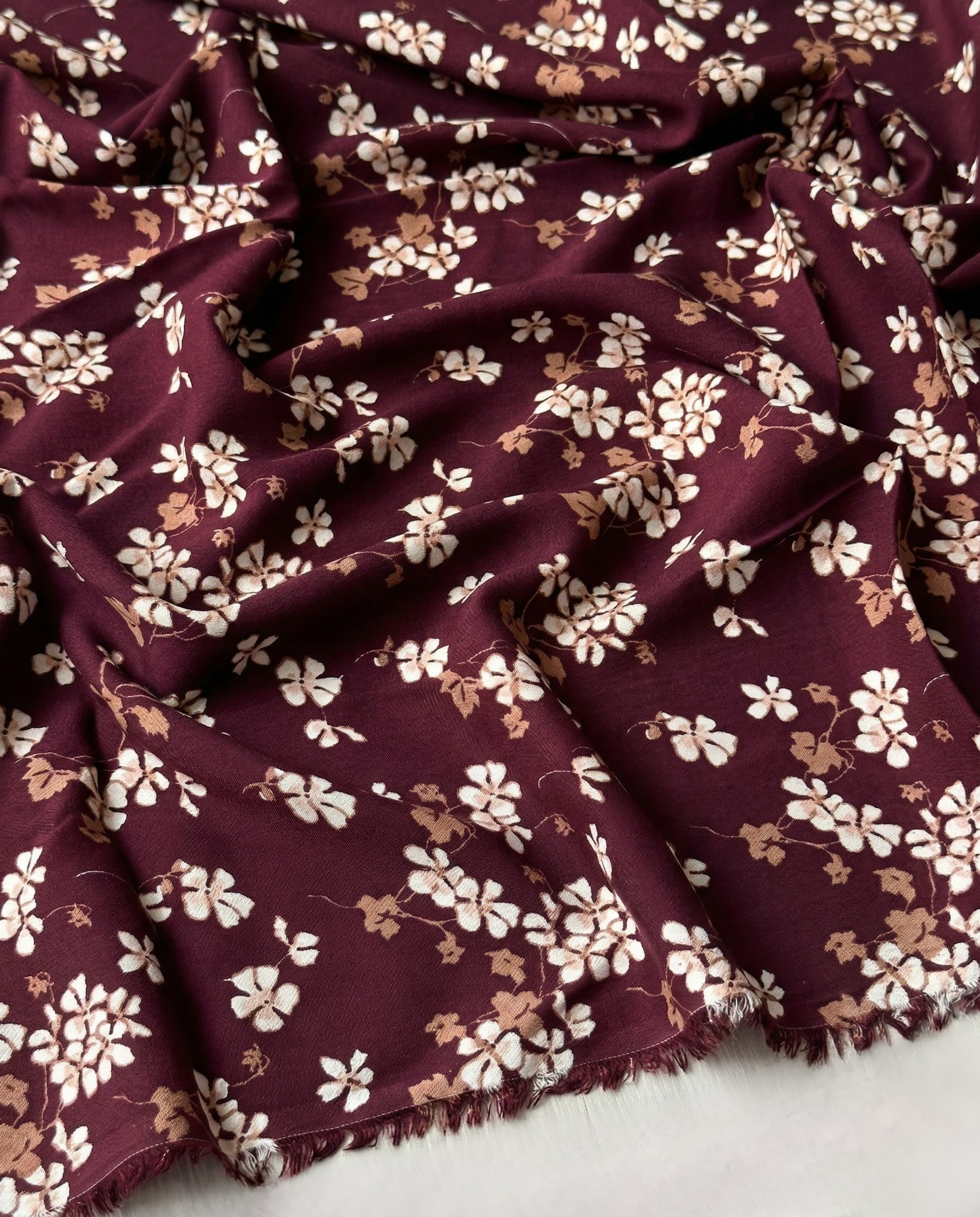 100% Cotton Content – Burgundy Background with Beige & White Floral Pattern Viscose Fabric – Double Width 59 Inches