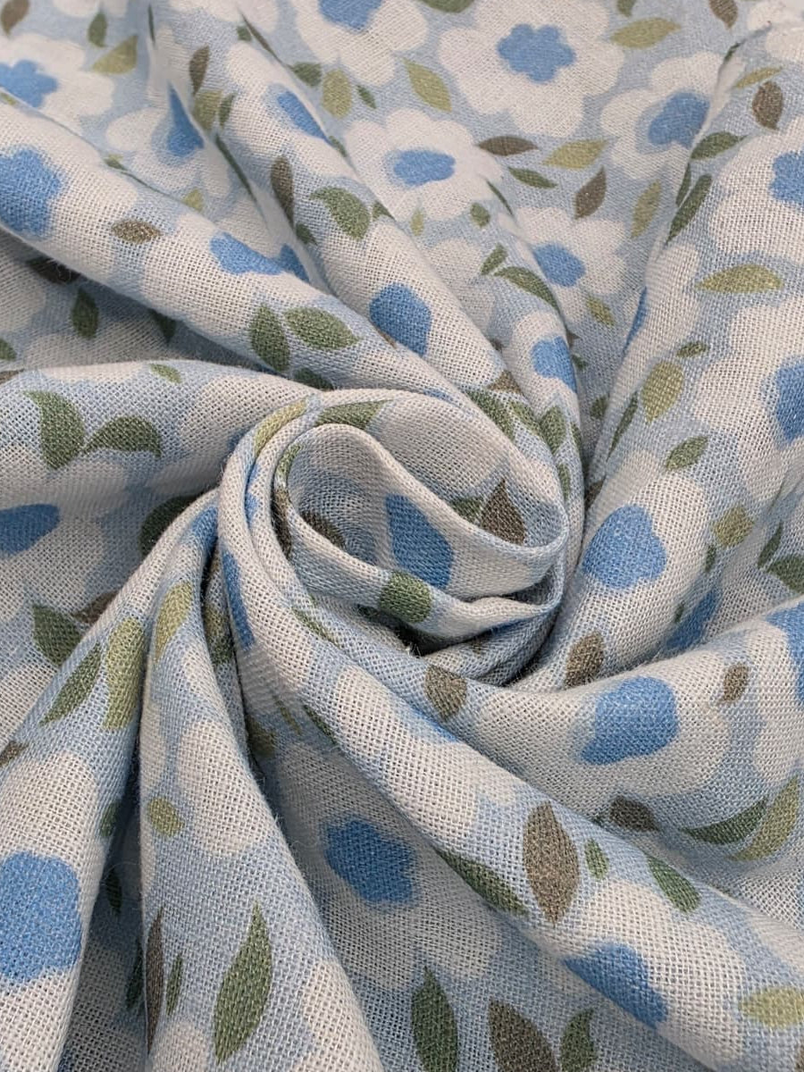 Printed Cotton Linen Fabric in Blue Daisy - 57" wide, sold by the yard