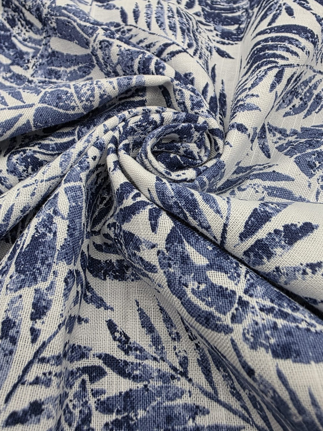 Printed Cotton Linen Fabric in Navy Palm Frond - 57" wide, sold by the yard