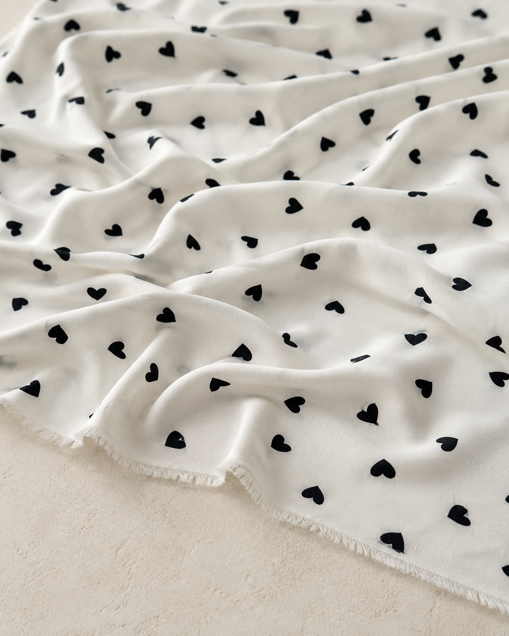 White Background with Black Heart Pattern – 100% Cotton – Viscose Fabric – 59 Inches