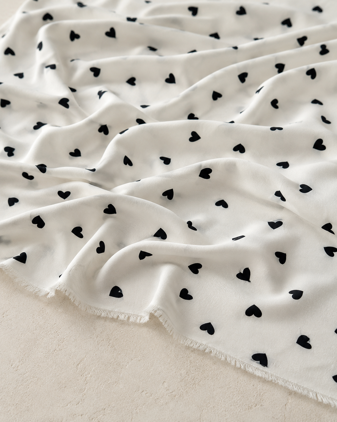 White Background with Black Heart Pattern – 100% Cotton – Viscose Fabric – 59 Inches