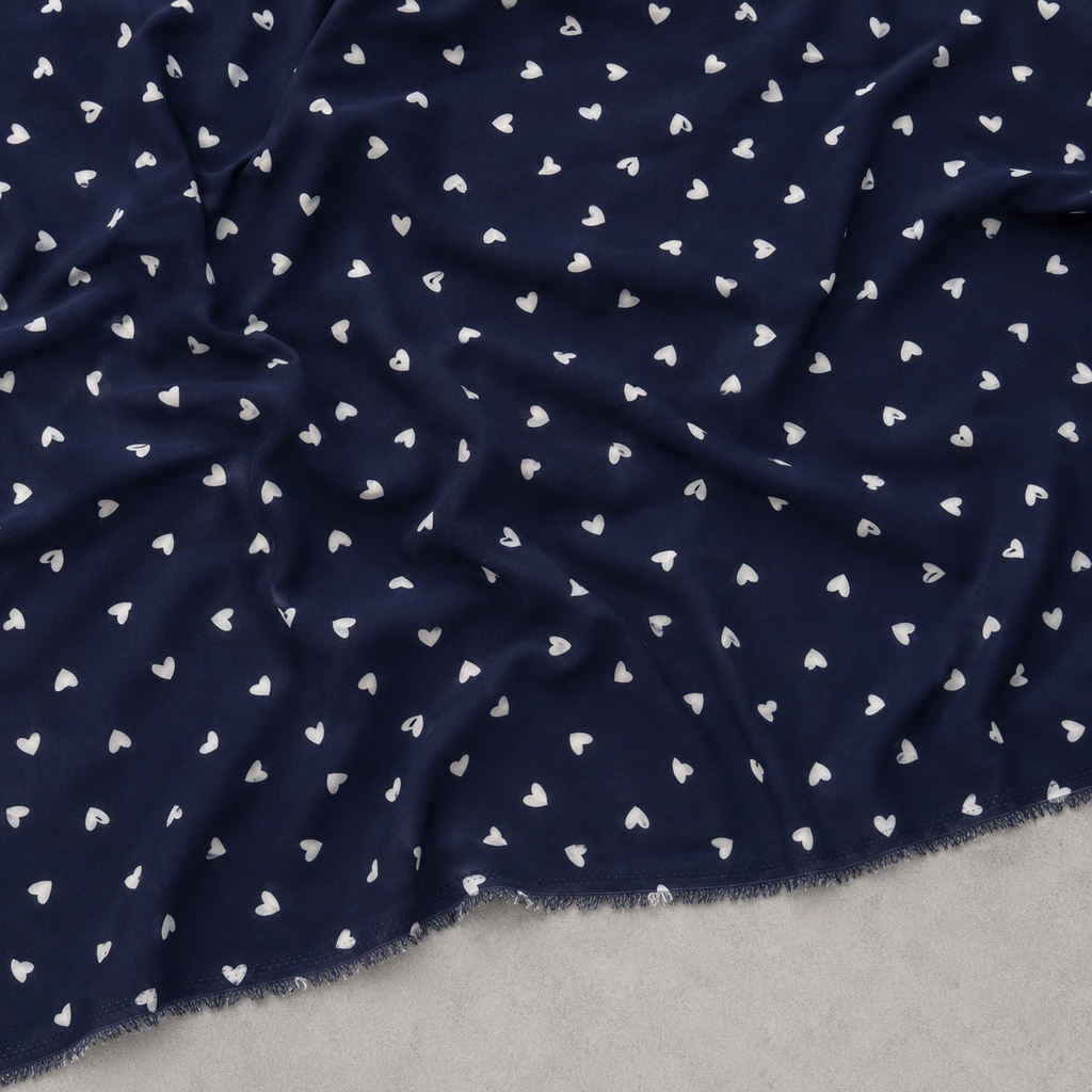 Navy Blue Background with White Heart Pattern - 100% Cotton Content - Viscose Fabric - 59 Inches
