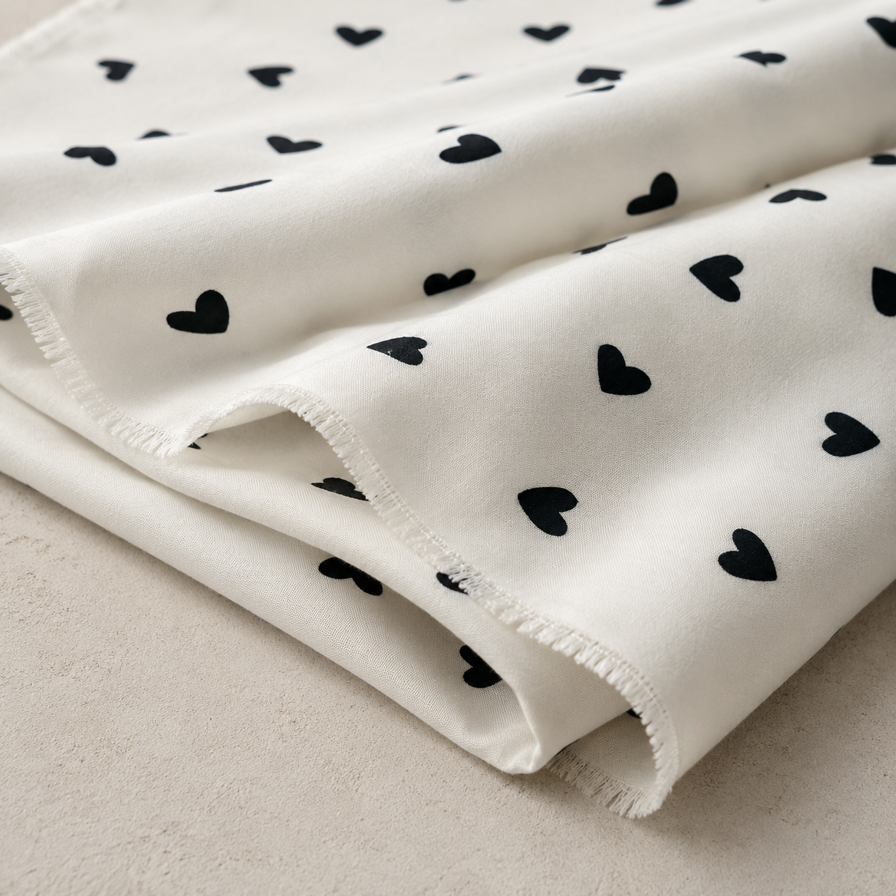 White Background with Black Heart Pattern – 100% Cotton – Viscose Fabric – 59 Inches