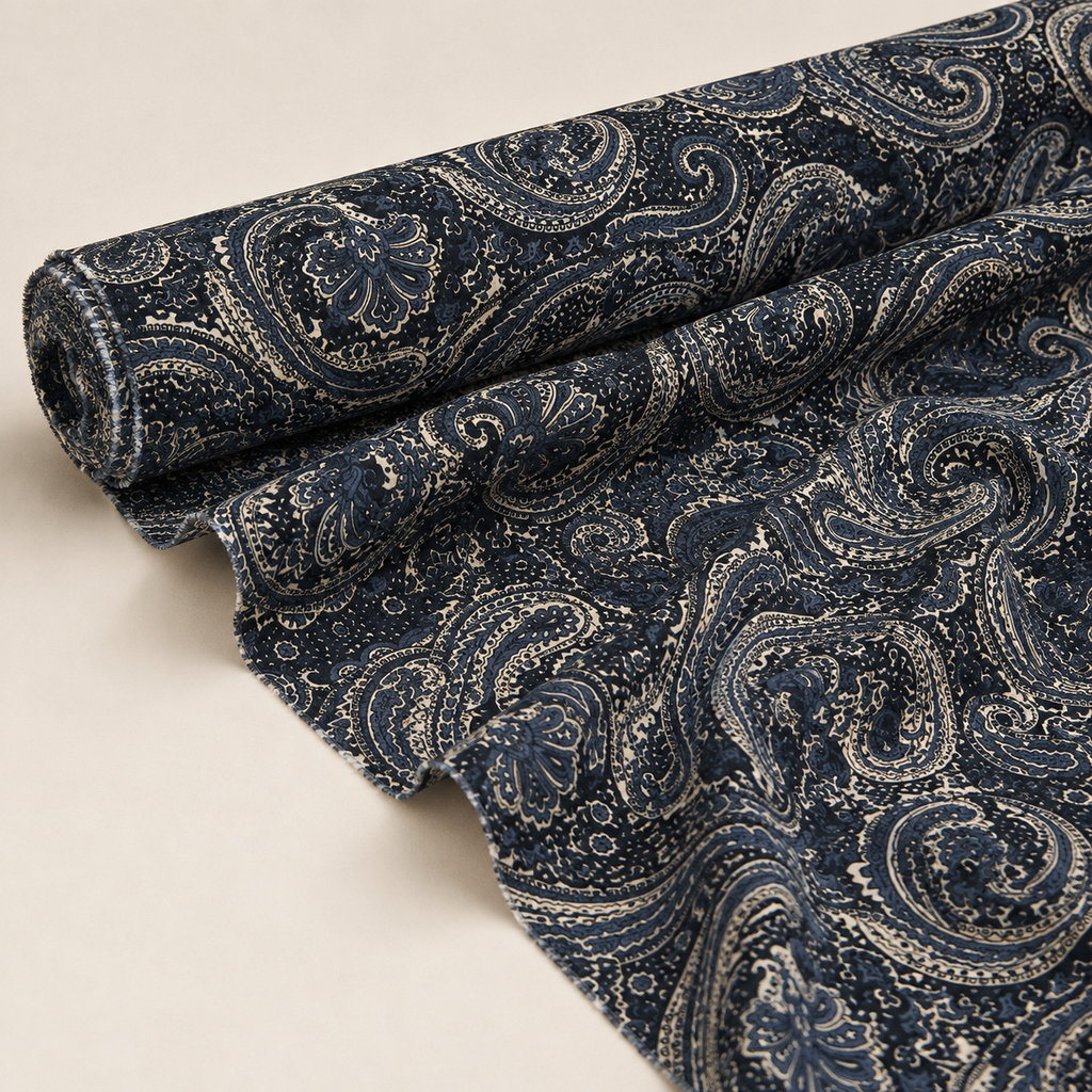 Navy Blue Shawl-Patterned Viscose Fabric - 100% Cotton Content - Viscose Fabric - 59 Inches