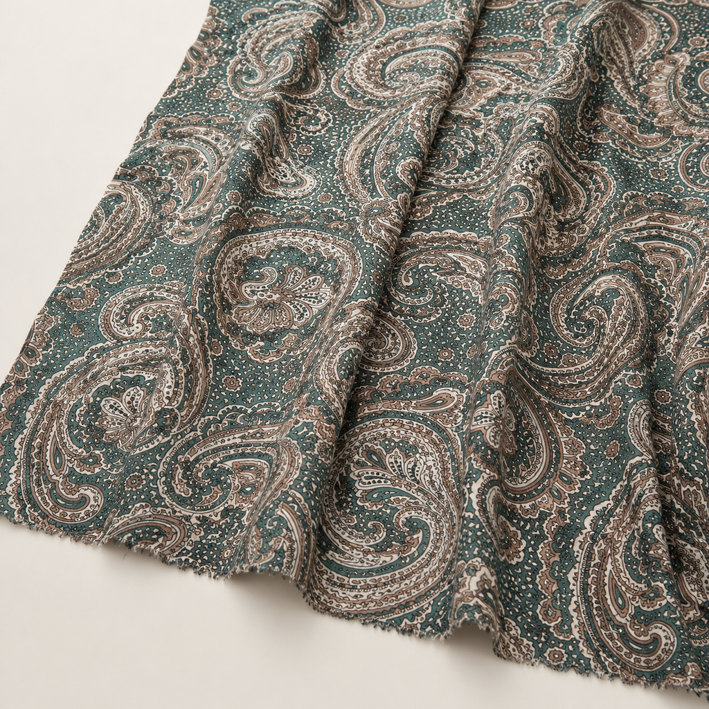 Khaki Paisley Patterned Viscose Fabric - 100% Cotton Content - Viscose Fabric - 59 Inches