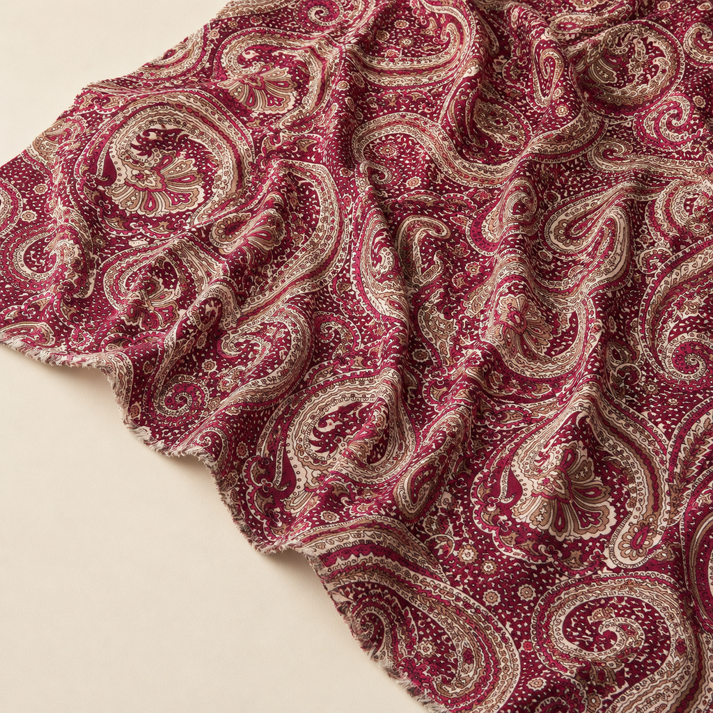 Burgundy Paisley Patterned Viscose Fabric - 100% Cotton Content - Viscose Fabric - 59 Inches