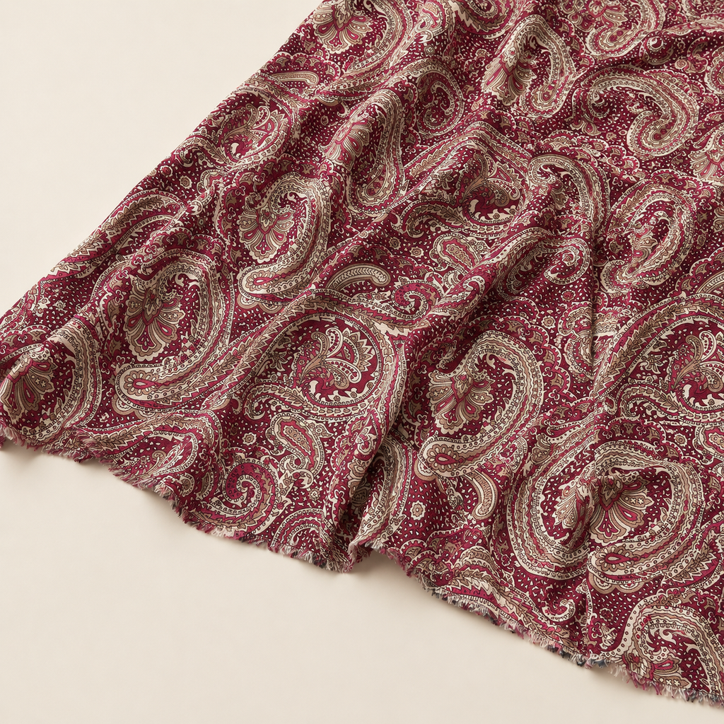 Burgundy Paisley Patterned Viscose Fabric - 100% Cotton Content - Viscose Fabric - 59 Inches
