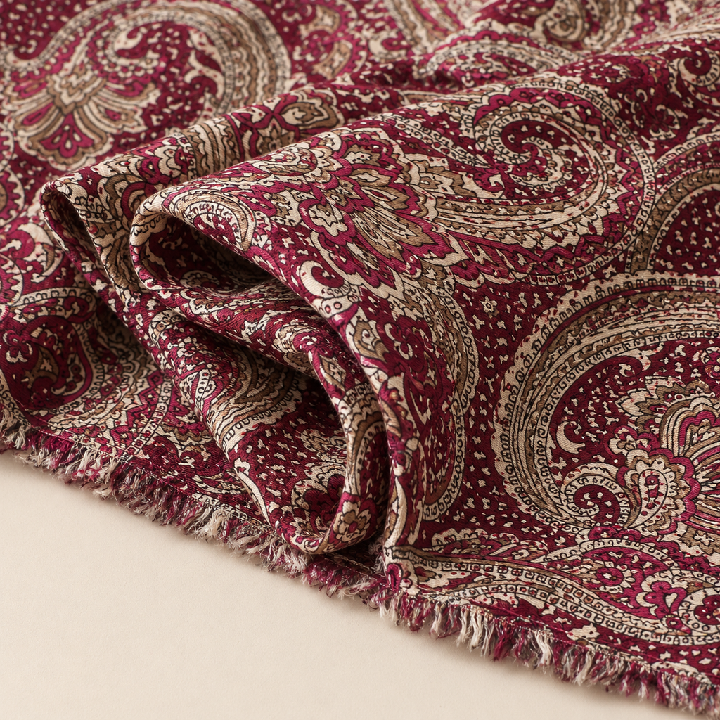 Burgundy Paisley Patterned Viscose Fabric - 100% Cotton Content - Viscose Fabric - 59 Inches