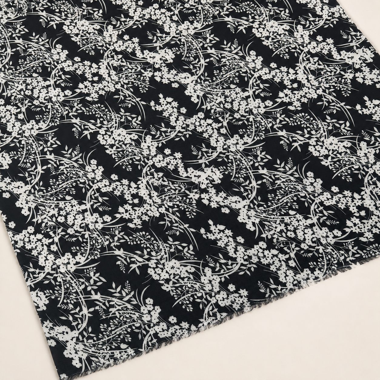 Black Background White Botanical Patterned Viscose Fabric - 100% Cotton Content - Viscose Fabric - 59 Inches