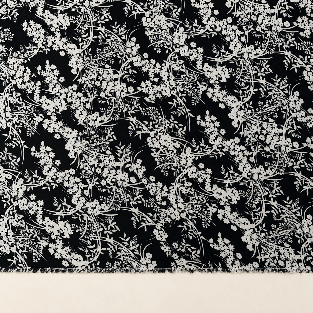 Black Background White Botanical Patterned Viscose Fabric - 100% Cotton Content - Viscose Fabric - 59 Inches