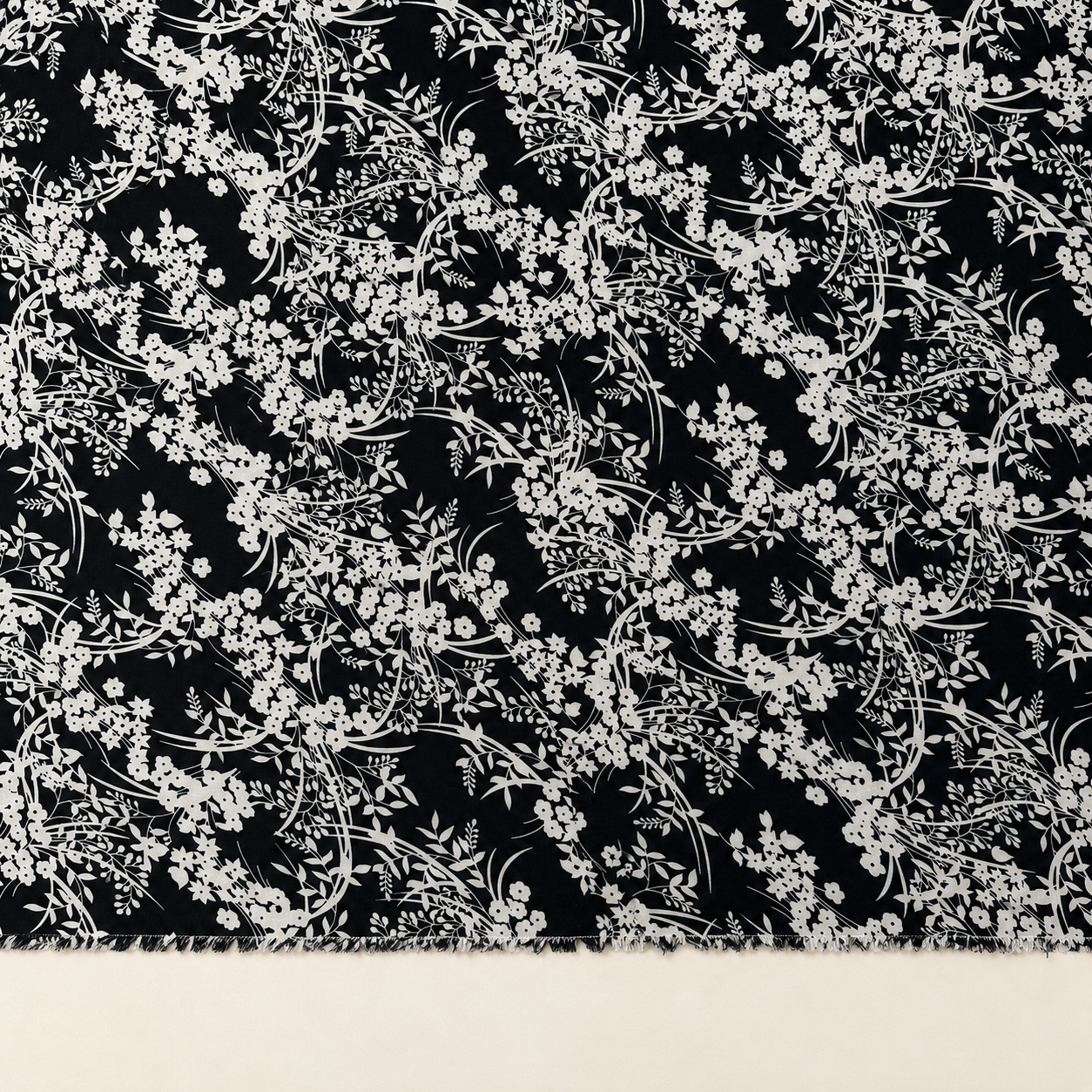 Black Background White Botanical Patterned Viscose Fabric - 100% Cotton Content - Viscose Fabric - 59 Inches