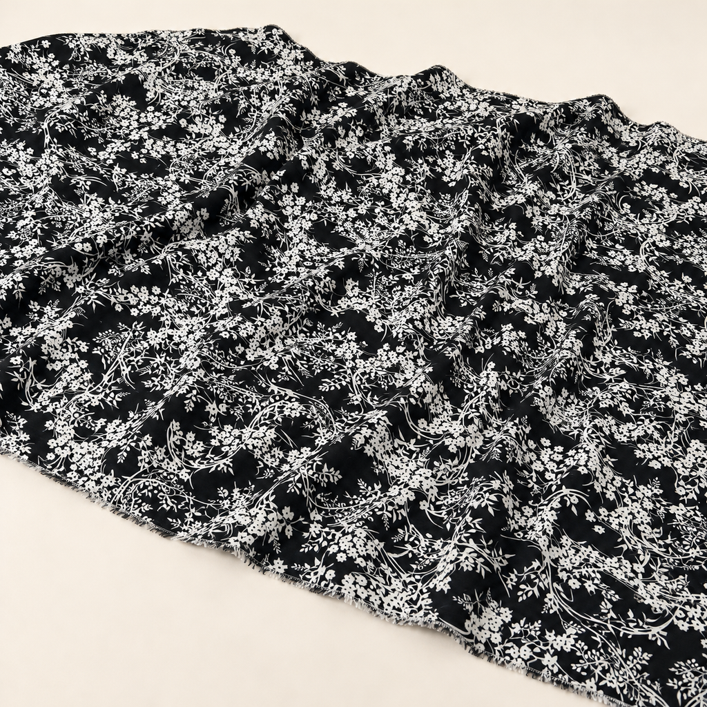 Black Background White Botanical Patterned Viscose Fabric - 100% Cotton Content - Viscose Fabric - 59 Inches