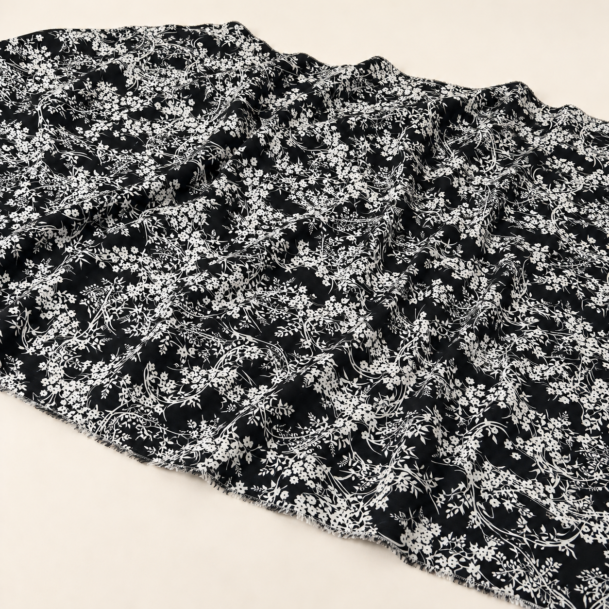 Black Background White Botanical Patterned Viscose Fabric - 100% Cotton Content - Viscose Fabric - 59 Inches