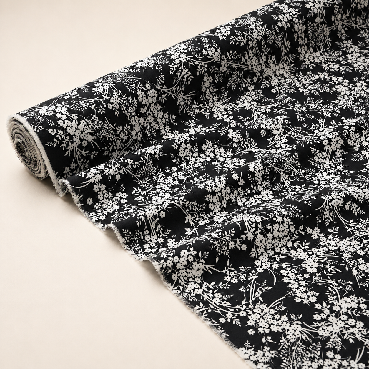 Black Background White Botanical Patterned Viscose Fabric - 100% Cotton Content - Viscose Fabric - 59 Inches