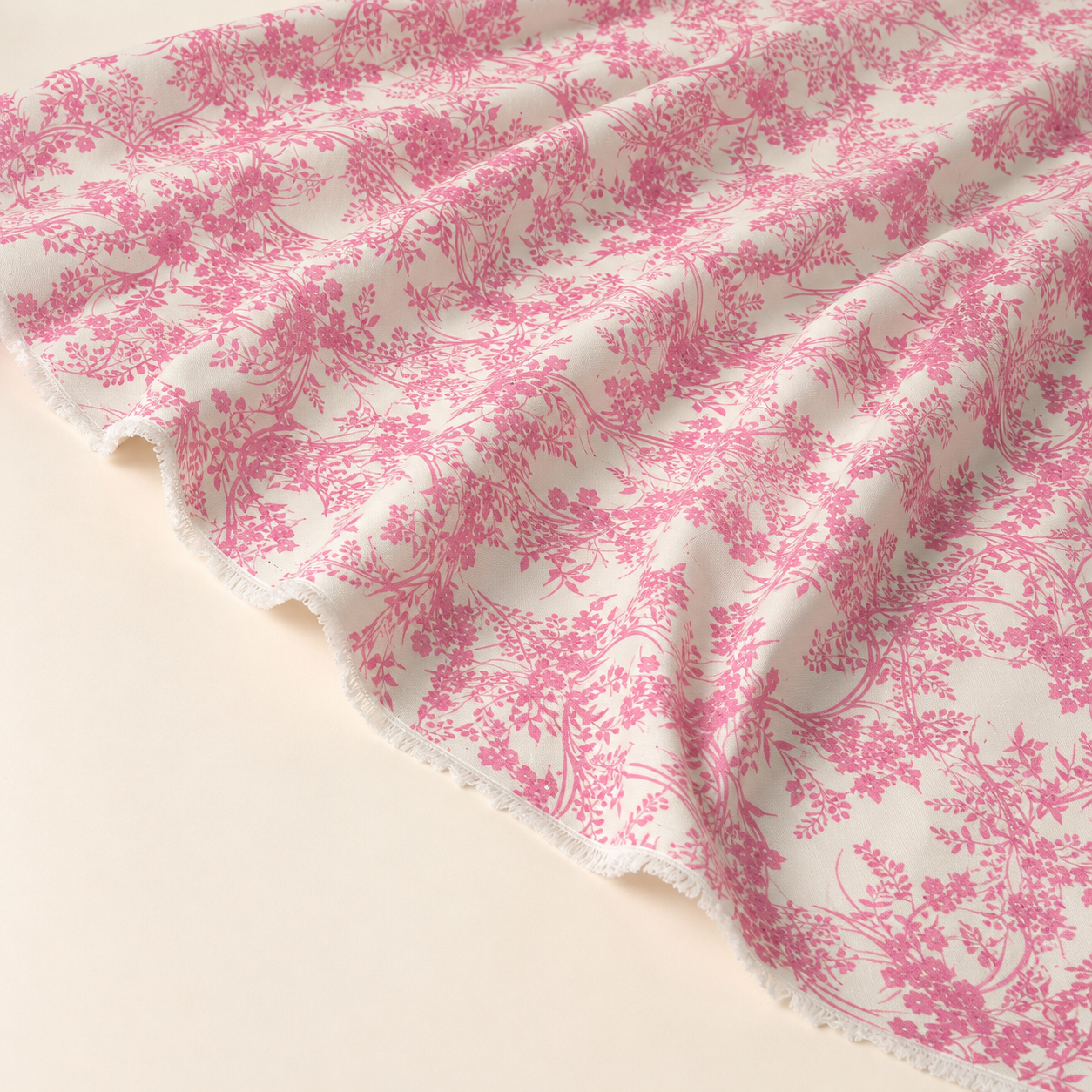 Ecru Background Pink Botanical Patterned Viscose Fabric - 100% Cotton Content - Viscose Fabric - 59 Inches