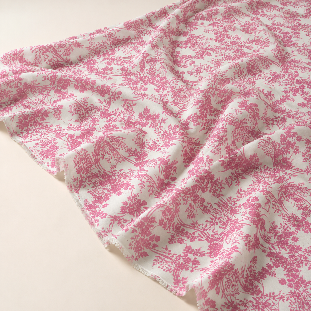 Ecru Background Pink Botanical Patterned Viscose Fabric - 100% Cotton Content - Viscose Fabric - 59 Inches
