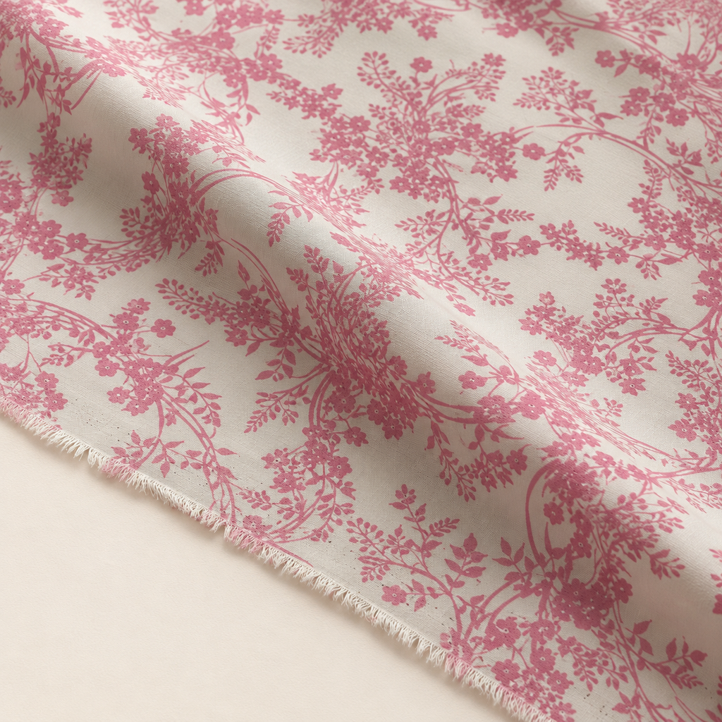 Ecru Background Pink Botanical Patterned Viscose Fabric - 100% Cotton Content - Viscose Fabric - 59 Inches