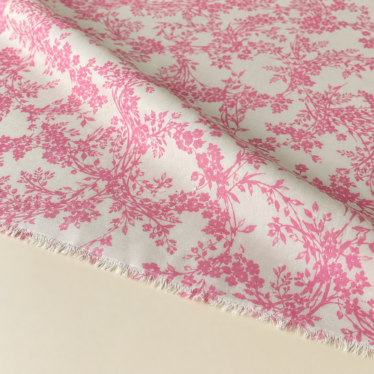 Ecru Background Pink Botanical Patterned Viscose Fabric - 100% Cotton Content - Viscose Fabric - 59 Inches