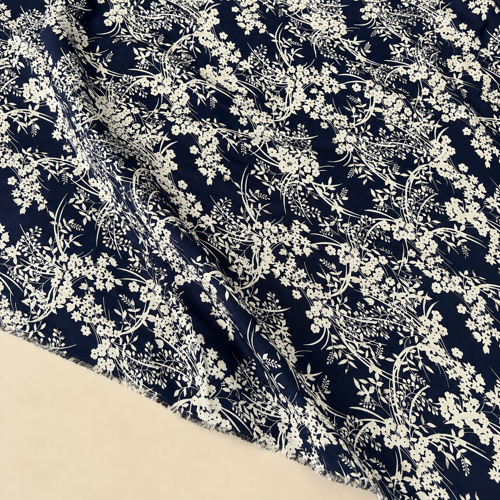 Navy Blue Background with White Botanical Pattern Viscose Fabric - 100% Cotton Content - Viscose Fabric - 59 Inches