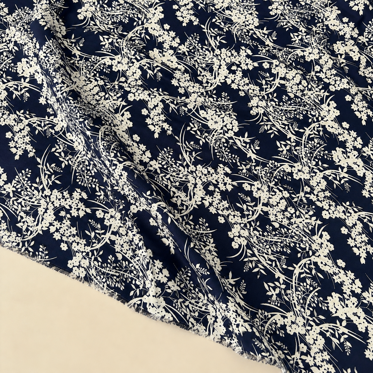 Navy Blue Background with White Botanical Pattern Viscose Fabric - 100% Cotton Content - Viscose Fabric - 59 Inches