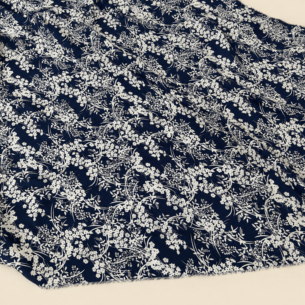 Navy Blue Background with White Botanical Pattern Viscose Fabric - 100% Cotton Content - Viscose Fabric - 59 Inches