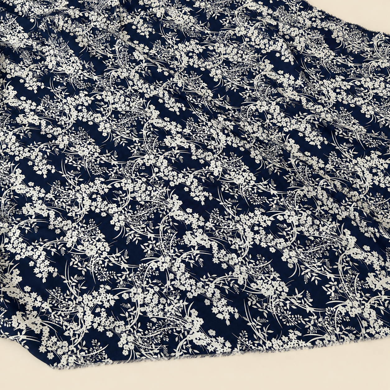 Navy Blue Background with White Botanical Pattern Viscose Fabric - 100% Cotton Content - Viscose Fabric - 59 Inches