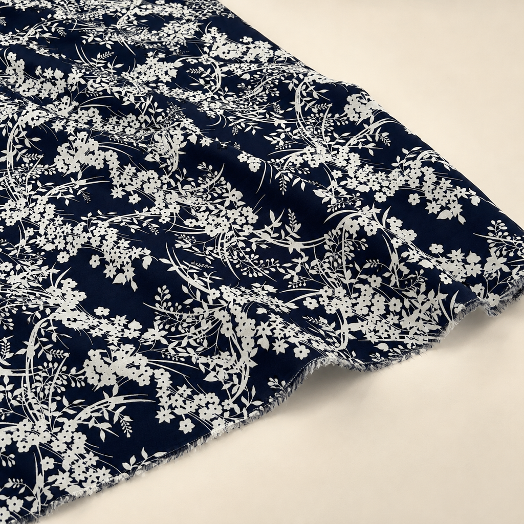 Navy Blue Background with White Botanical Pattern Viscose Fabric - 100% Cotton Content - Viscose Fabric - 59 Inches