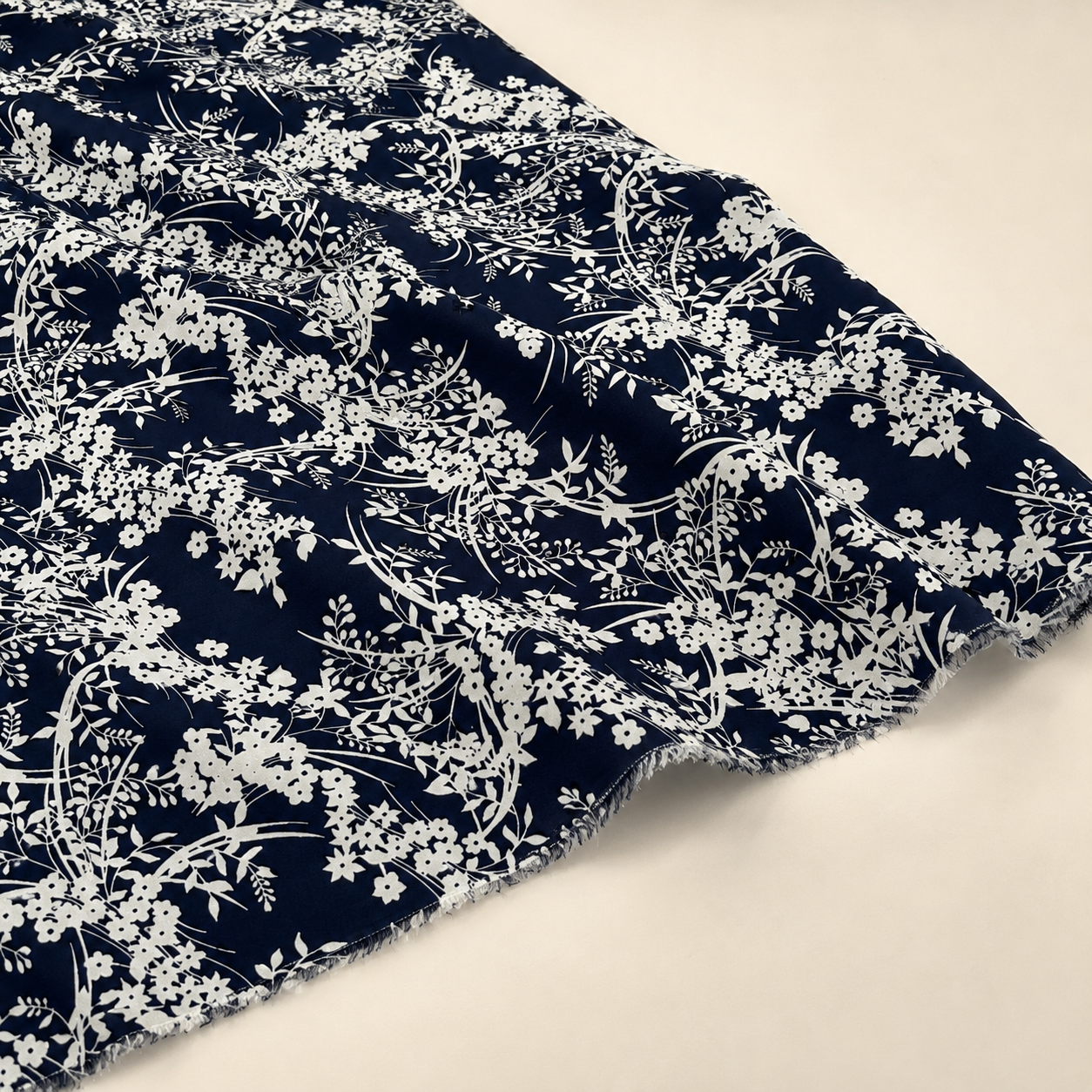 Navy Blue Background with White Botanical Pattern Viscose Fabric - 100% Cotton Content - Viscose Fabric - 59 Inches