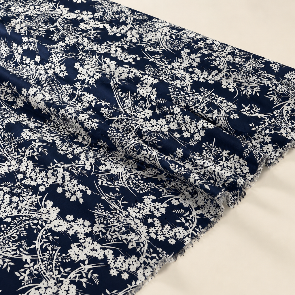 Navy Blue Background with White Botanical Pattern Viscose Fabric - 100% Cotton Content - Viscose Fabric - 59 Inches