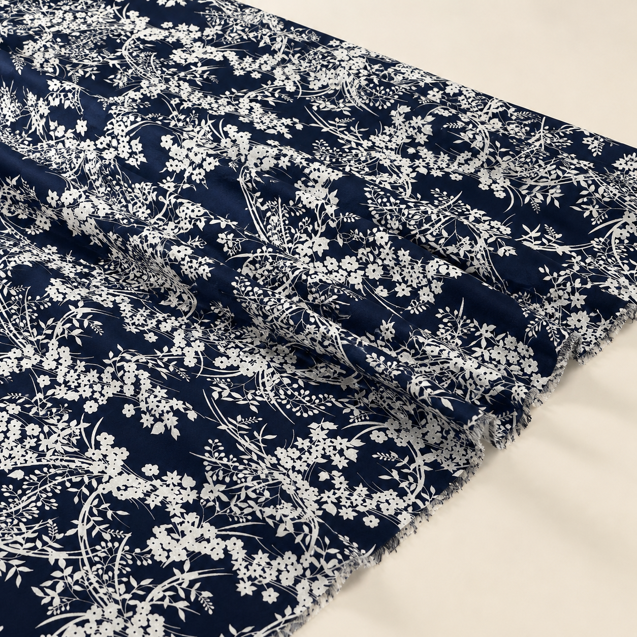 Navy Blue Background with White Botanical Pattern Viscose Fabric - 100% Cotton Content - Viscose Fabric - 59 Inches