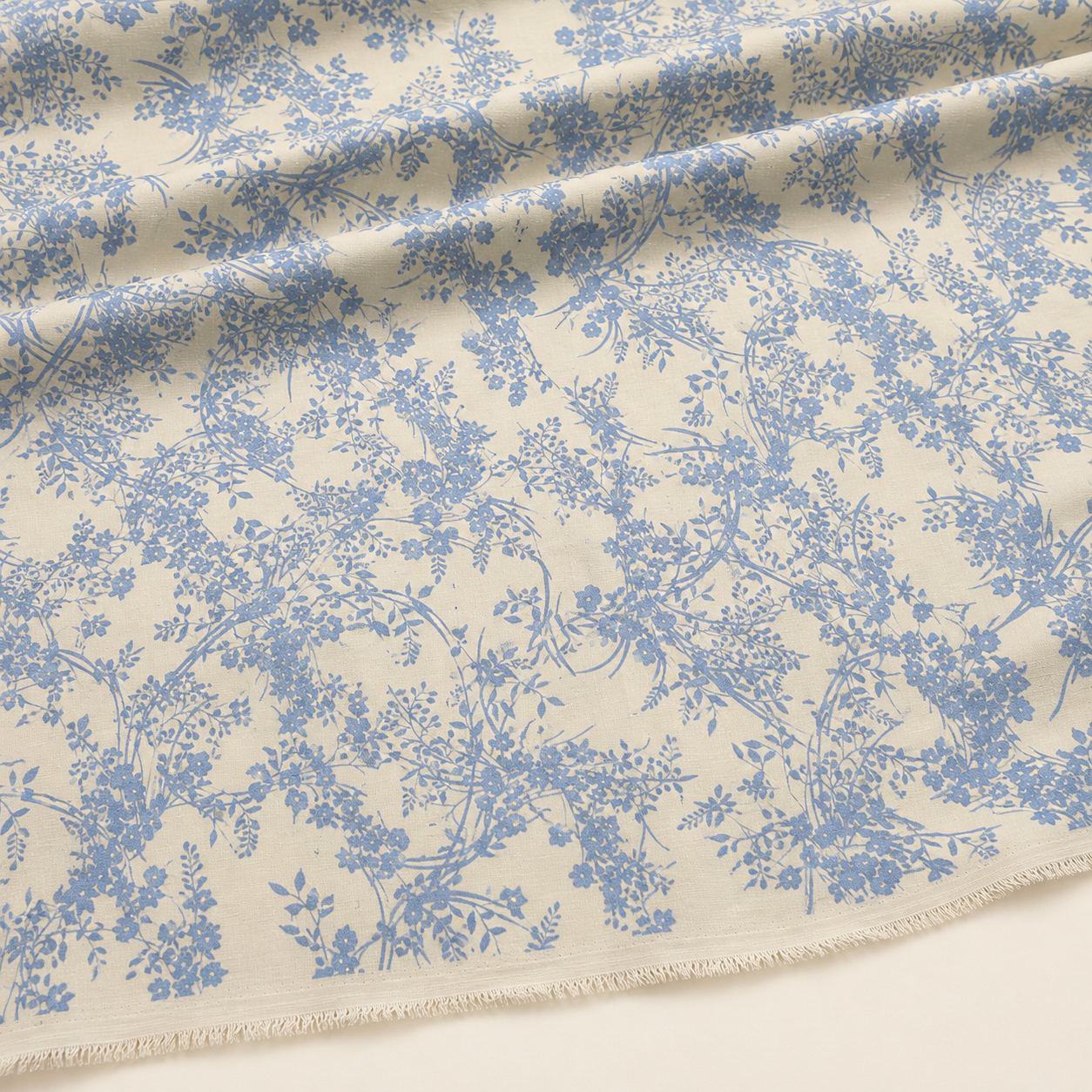 Blue Botanical Patterned Viscose Fabric with an Ecru Background - 100% Cotton Content - Viscose Fabric - 59 Inches