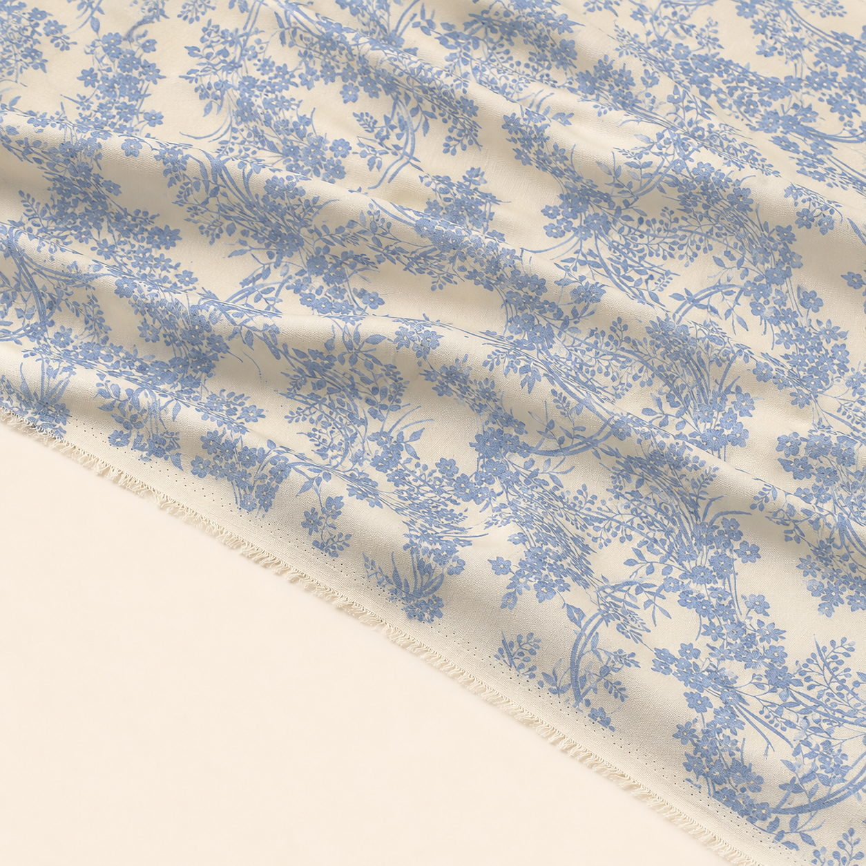 Blue Botanical Patterned Viscose Fabric with an Ecru Background - 100% Cotton Content - Viscose Fabric - 59 Inches