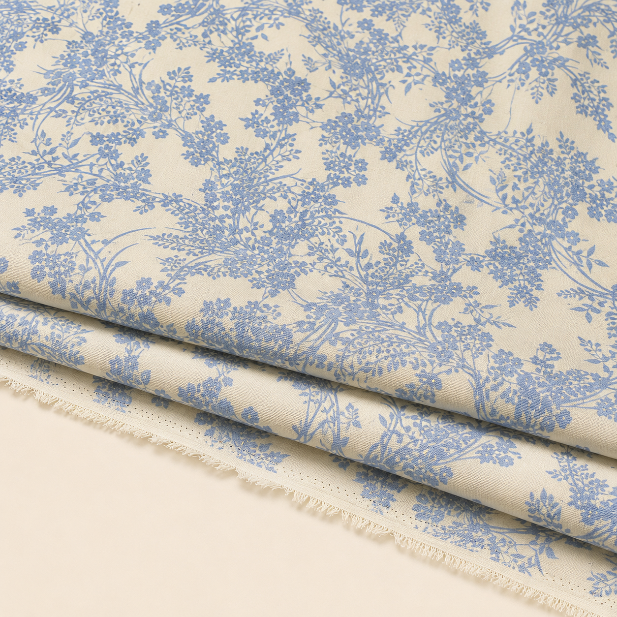 Blue Botanical Patterned Viscose Fabric with an Ecru Background - 100% Cotton Content - Viscose Fabric - 59 Inches