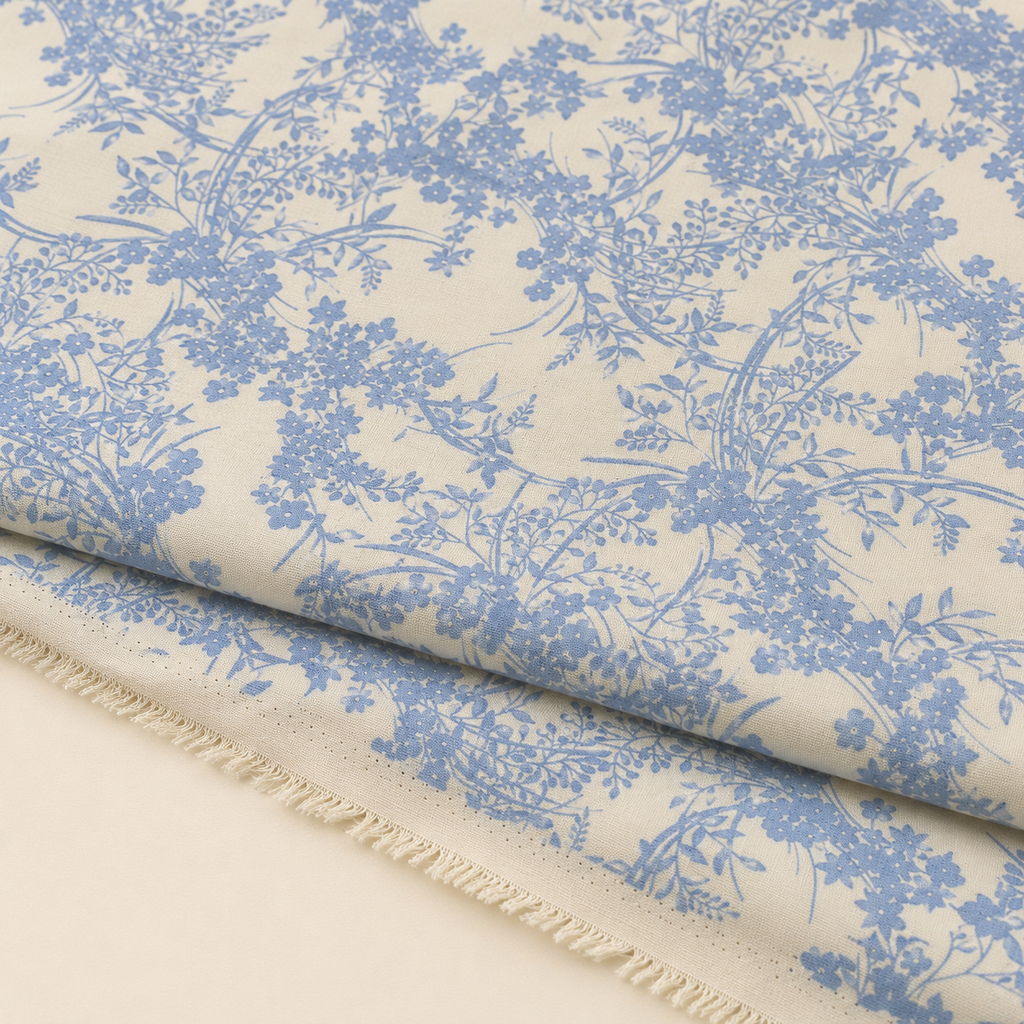 Blue Botanical Patterned Viscose Fabric with an Ecru Background - 100% Cotton Content - Viscose Fabric - 59 Inches